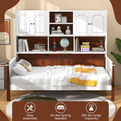Twin Bed with Integrated Bookcase, 2 Cabinets and 5 Open Shelves, White