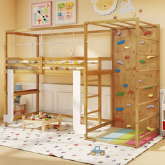 Twin Bunk Bed with Jungle Gym Wooden Loft Bed with Climbing Ladder-Natural