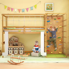 Twin Bunk Bed with Jungle Gym Wooden Loft Bed with Climbing Ladder-Natural