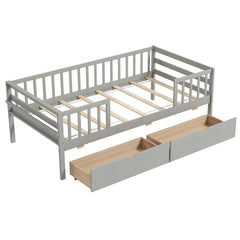 Twin Daybed with Fence and 2 Drawers Kids Bed for Boys & Girls-Gray