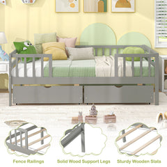 Twin Daybed with Fence and 2 Drawers Kids Bed for Boys & Girls-Gray