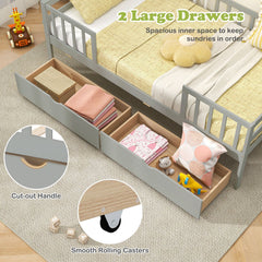 Twin Daybed with Fence and 2 Drawers Kids Bed for Boys & Girls-Gray