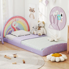 Twin Floor Bed Frame Upholstered Twin Size Kids Floor Bed with 210D Oxford Cloth Floor Mat-Purple
