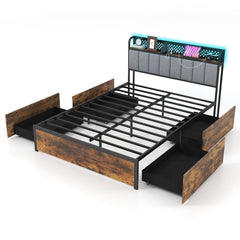 Full Metal Storage Bed with RGB LED Lights, Charging Station and 4 Drawers