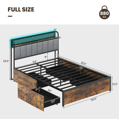 Full Metal Storage Bed with RGB LED Lights, Charging Station and 4 Drawers