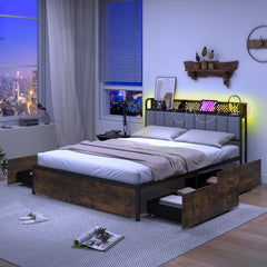 Full Metal Storage Bed with RGB LED Lights, Charging Station and 4 Drawers
