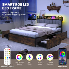 Full Metal Storage Bed with RGB LED Lights, Charging Station and 4 Drawers