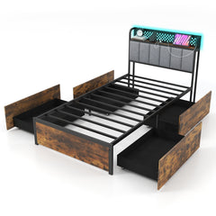 Twin Metal Storage Bed with RGB LED Lights, Charging Station and 4 Drawers