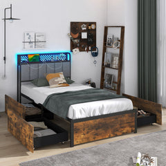 Twin Metal Storage Bed with RGB LED Lights, Charging Station and 4 Drawers