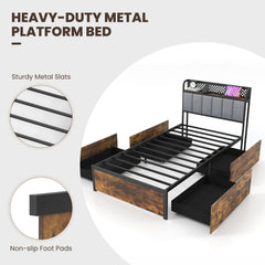 Twin Metal Storage Bed with RGB LED Lights, Charging Station and 4 Drawers