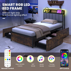 Twin Metal Storage Bed with RGB LED Lights, Charging Station and 4 Drawers