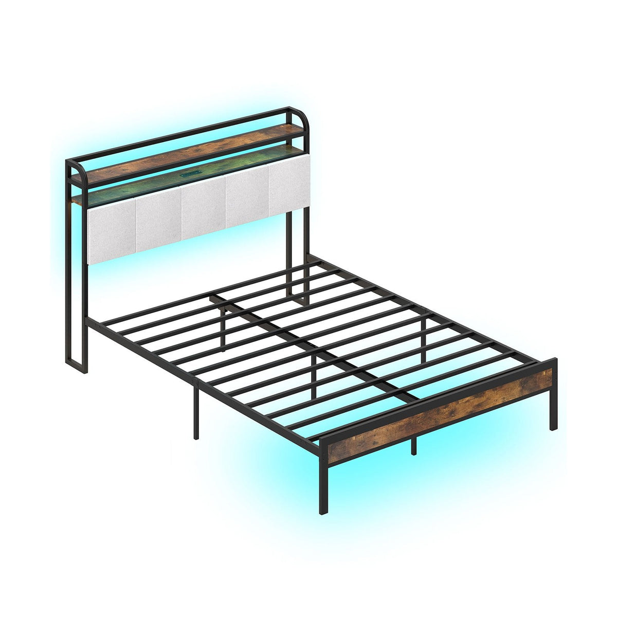 Queen Metal Platform Bed with LED Lights, Charging Station and Storage Headboard