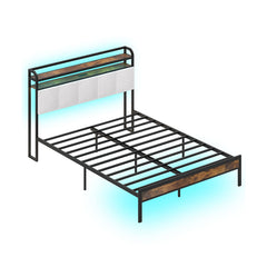 Queen Metal Platform Bed with LED Lights, Charging Station and Storage Headboard