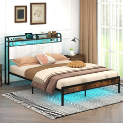 Queen Metal Platform Bed with LED Lights, Charging Station and Storage Headboard