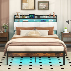 Queen Metal Platform Bed with LED Lights, Charging Station and Storage Headboard