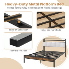 Queen Metal Platform Bed with LED Lights, Charging Station and Storage Headboard