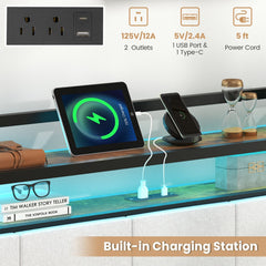 Queen Metal Platform Bed with LED Lights, Charging Station and Storage Headboard