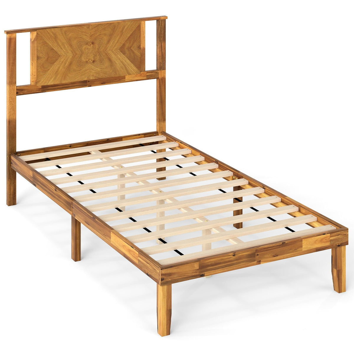 Twin Acacia Wood Platform Bed with Chevron Headboard and 12 Plywood Slats
