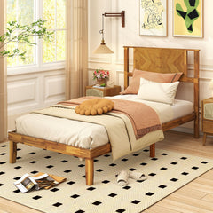 Twin Acacia Wood Platform Bed with Chevron Headboard and 12 Plywood Slats