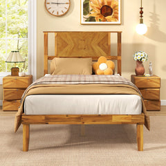 Twin Acacia Wood Platform Bed with Chevron Headboard and 12 Plywood Slats
