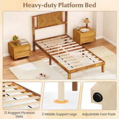 Twin Acacia Wood Platform Bed with Chevron Headboard and 12 Plywood Slats
