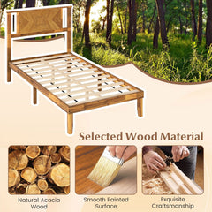 Twin Acacia Wood Platform Bed with Chevron Headboard and 12 Plywood Slats