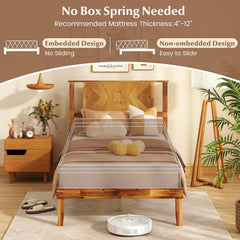 Twin Acacia Wood Platform Bed with Chevron Headboard and 12 Plywood Slats
