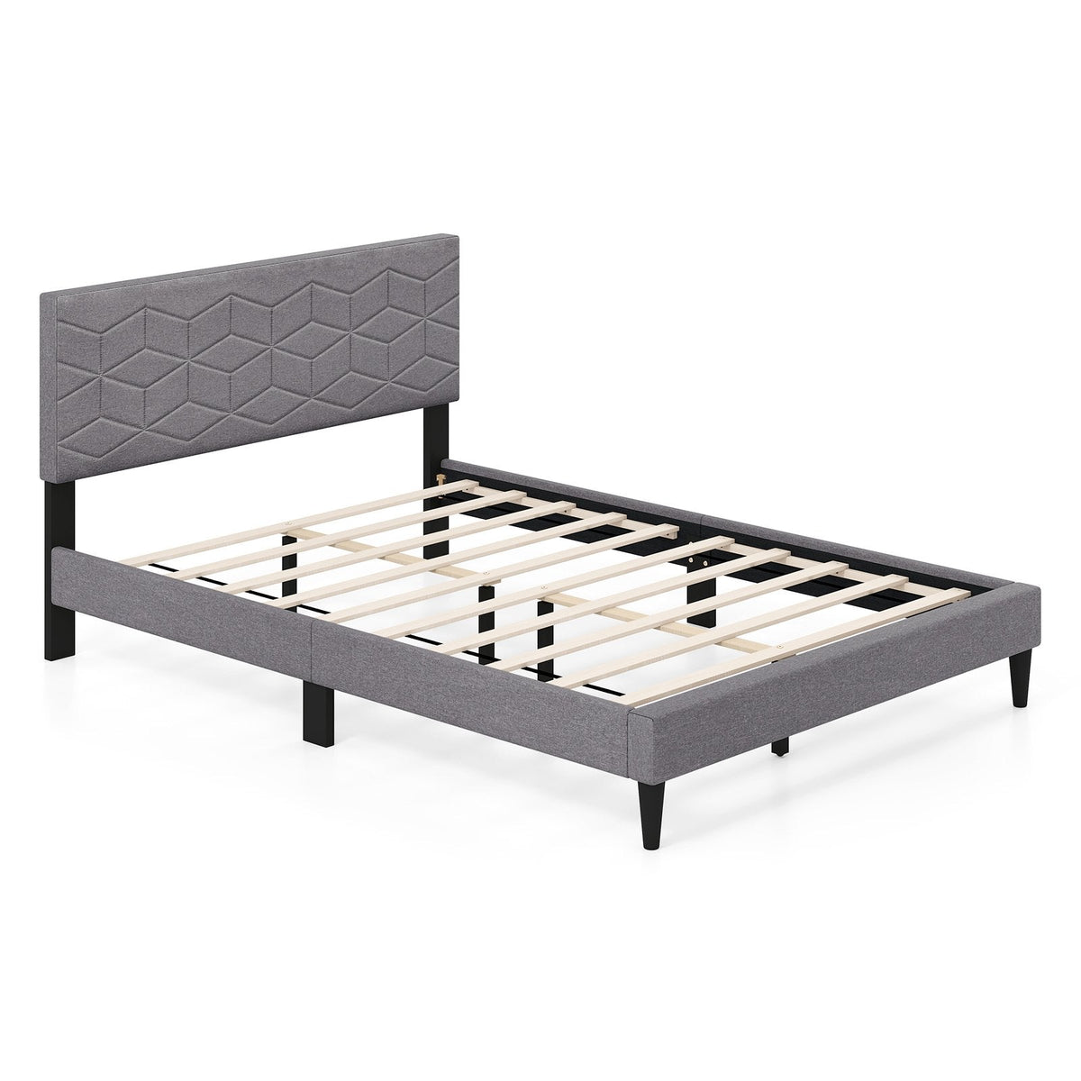 Full Linen Platform Bed with Geometric Quilted Headboard and 10 LVL Slats