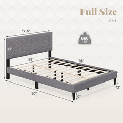 Full Linen Platform Bed with Geometric Quilted Headboard and 10 LVL Slats