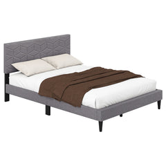 Full Linen Platform Bed with Geometric Quilted Headboard and 10 LVL Slats