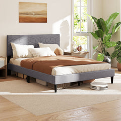 Full Linen Platform Bed with Geometric Quilted Headboard and 10 LVL Slats