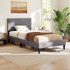 Twin Linen Platform Bed with Geometric Quilted Headboard and 10 LVL Slats