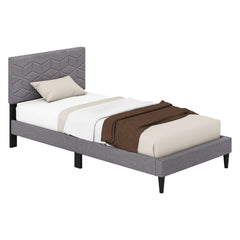 Twin Linen Platform Bed with Geometric Quilted Headboard and 10 LVL Slats