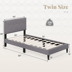Twin Linen Platform Bed with Geometric Quilted Headboard and 10 LVL Slats