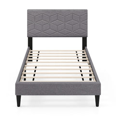 Twin Linen Platform Bed with Geometric Quilted Headboard and 10 LVL Slats