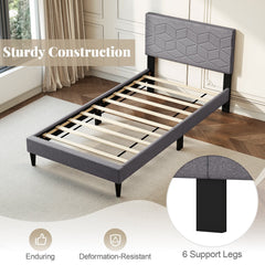 Twin Linen Platform Bed with Geometric Quilted Headboard and 10 LVL Slats