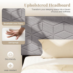 Twin Linen Platform Bed with Geometric Quilted Headboard and 10 LVL Slats