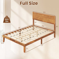 Full Acacia Wood Platform Bed with 41 Inch Headboard and 12 Plywood Slats, Natural