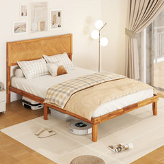 Full Acacia Wood Platform Bed with 41 Inch Headboard and 12 Plywood Slats, Natural