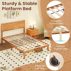 Full Acacia Wood Platform Bed with 41 Inch Headboard and 12 Plywood Slats, Natural