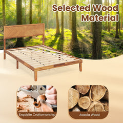 Full Acacia Wood Platform Bed with 41 Inch Headboard and 12 Plywood Slats, Natural