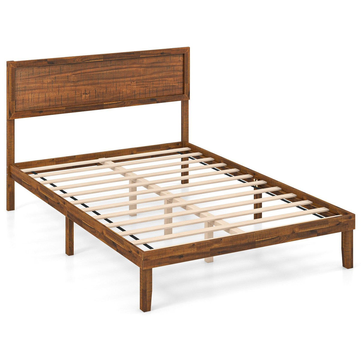 Full Acacia Wood Platform Bed with 41 Inch Headboard and 12 Plywood Slats, Walnut