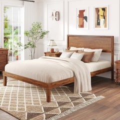 Full Acacia Wood Platform Bed with 41 Inch Headboard and 12 Plywood Slats, Walnut