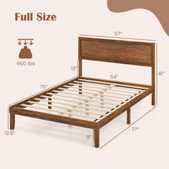 Full Acacia Wood Platform Bed with 41 Inch Headboard and 12 Plywood Slats, Walnut