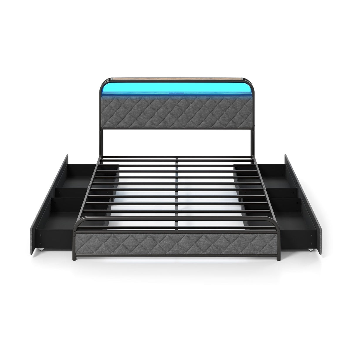 Queen Metal Storage Bed with LED Lights, Charging Station and 4 Fabric Drawers, Black and grey