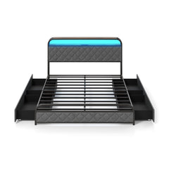 Queen Metal Storage Bed with LED Lights, Charging Station and 4 Fabric Drawers, Black and grey
