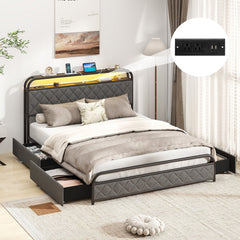 Queen Metal Storage Bed with LED Lights, Charging Station and 4 Fabric Drawers, Black and grey