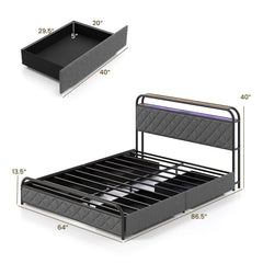 Queen Metal Storage Bed with LED Lights, Charging Station and 4 Fabric Drawers, Black and grey