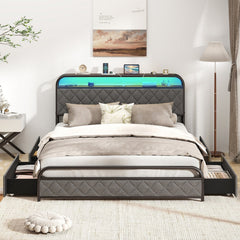 Queen Metal Storage Bed with LED Lights, Charging Station and 4 Fabric Drawers, Black and grey