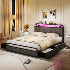 Queen Metal Storage Bed with LED Lights, Charging Station and 4 Fabric Drawers, Black and grey